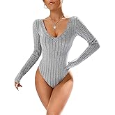 WDIRARA Women's Casual V Neck Long Sleeve Rib Knit Tee Shirt Bodysuit Leotard