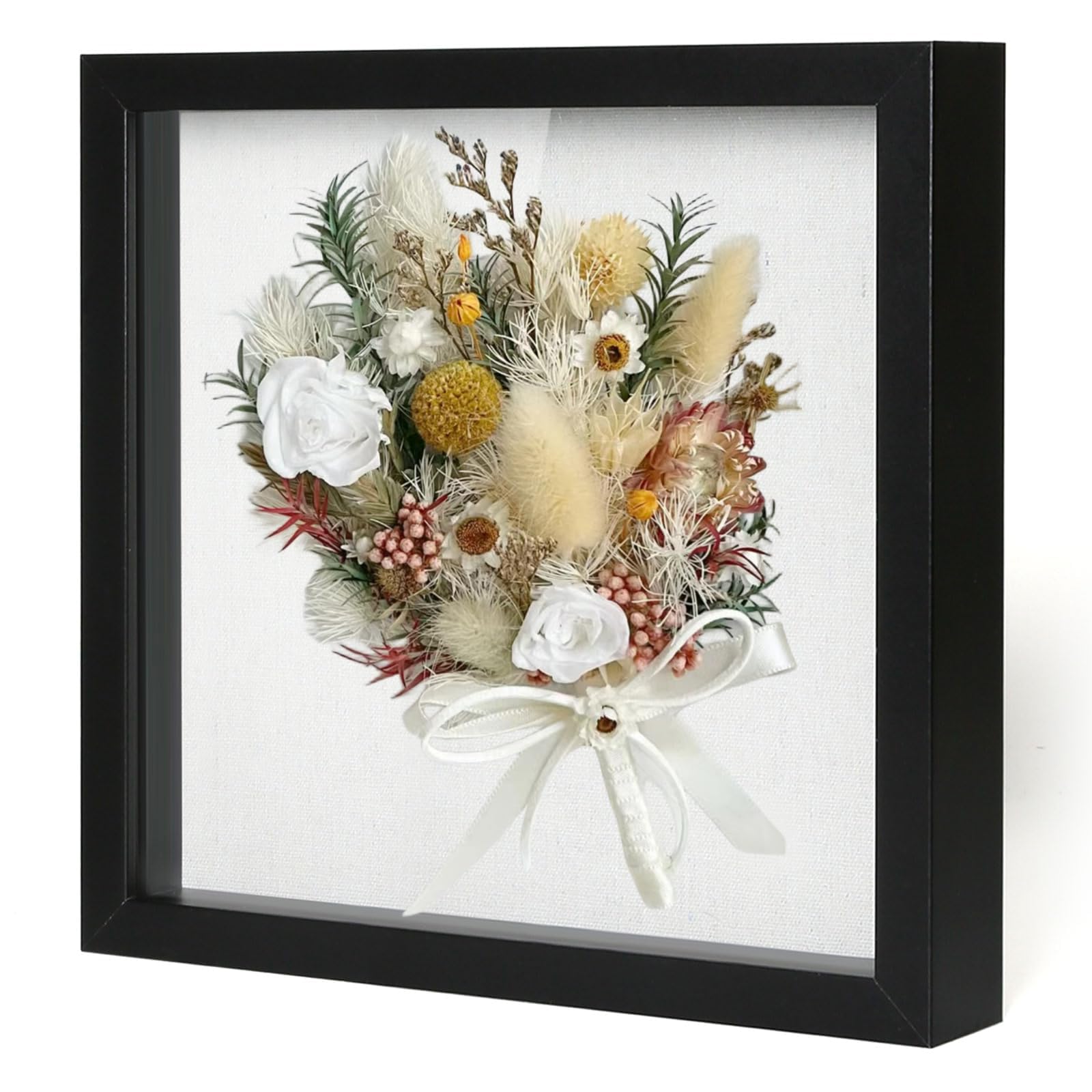 Muzilife 10x10 Shadow Box Picture Frame with Linen Board - Deep Wood & Glass Display Case Ready to Hang Memory Box Baby Sports Memorabilia, Pins, Awards, Medals, Wedding, Tickets and Photos (Black)