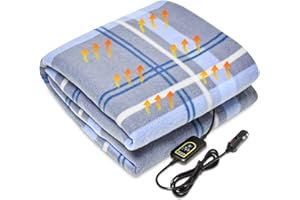 CozyBox 12V Electric Heated Blanket for Cars – Plaid Fleece with Timer & Heat Control, Faux Sherpa Lining (Light Blue Plaid)