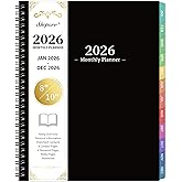 2026 Monthly Planner - JAN. 2026 - DEC. 2026, 2026 Planner with Colorful Tabs, 8" x 10", Monthly Planner/Calendar 2026 with Contacts, Back Pocket, Thick Paper, Twin-Wire Binding - Waterproof Cover(Black)