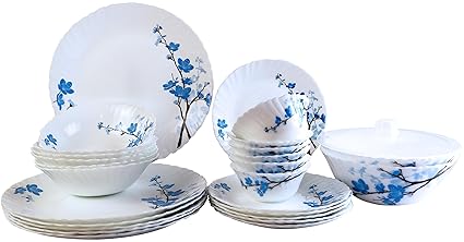 Larah By Borosil Mimosa Opalware Glass Dinner Set, 27-Pieces, White