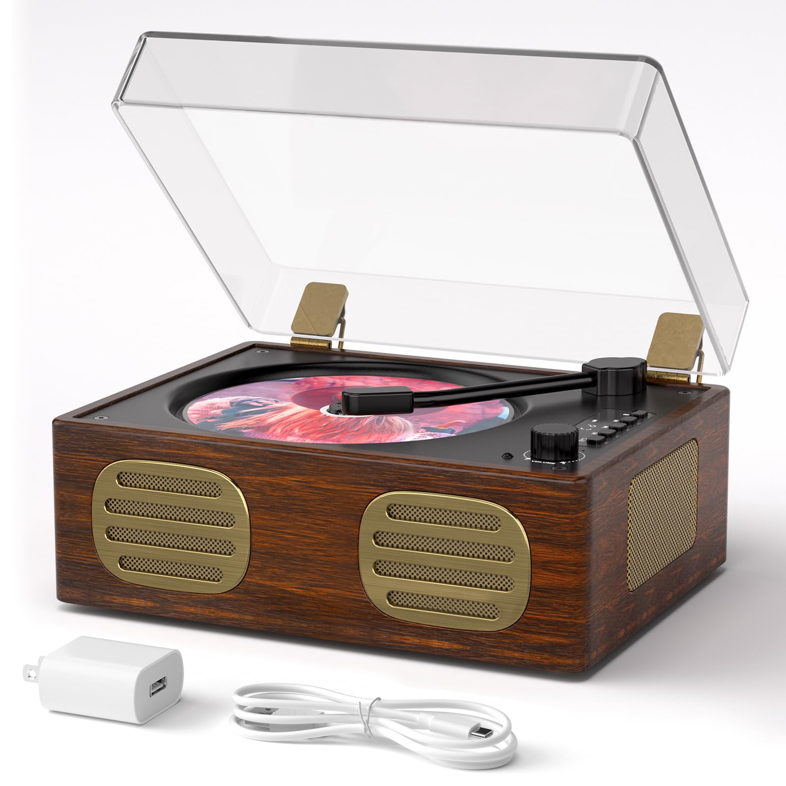 Photo 1 of Vintage CD Player with Speakers Bluetooth, Time Music Box, Retro Portable CD Player with Headphone Jack, USB & AUX Playback, Festival Gift for Home Decor, No Remote Control (Walnut)