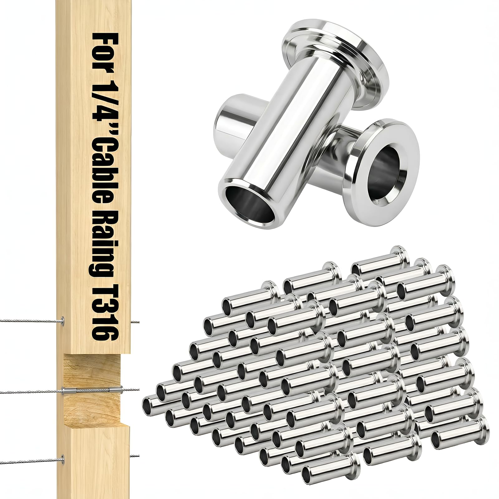 Photo 1 of 120 Pack 1/4" Cable Railing Protector Sleeves T316 Stainless Steel Protective Sleeves Deck Cable Railings Hardware Kit for Wood Ideal for DIY Balustrades
