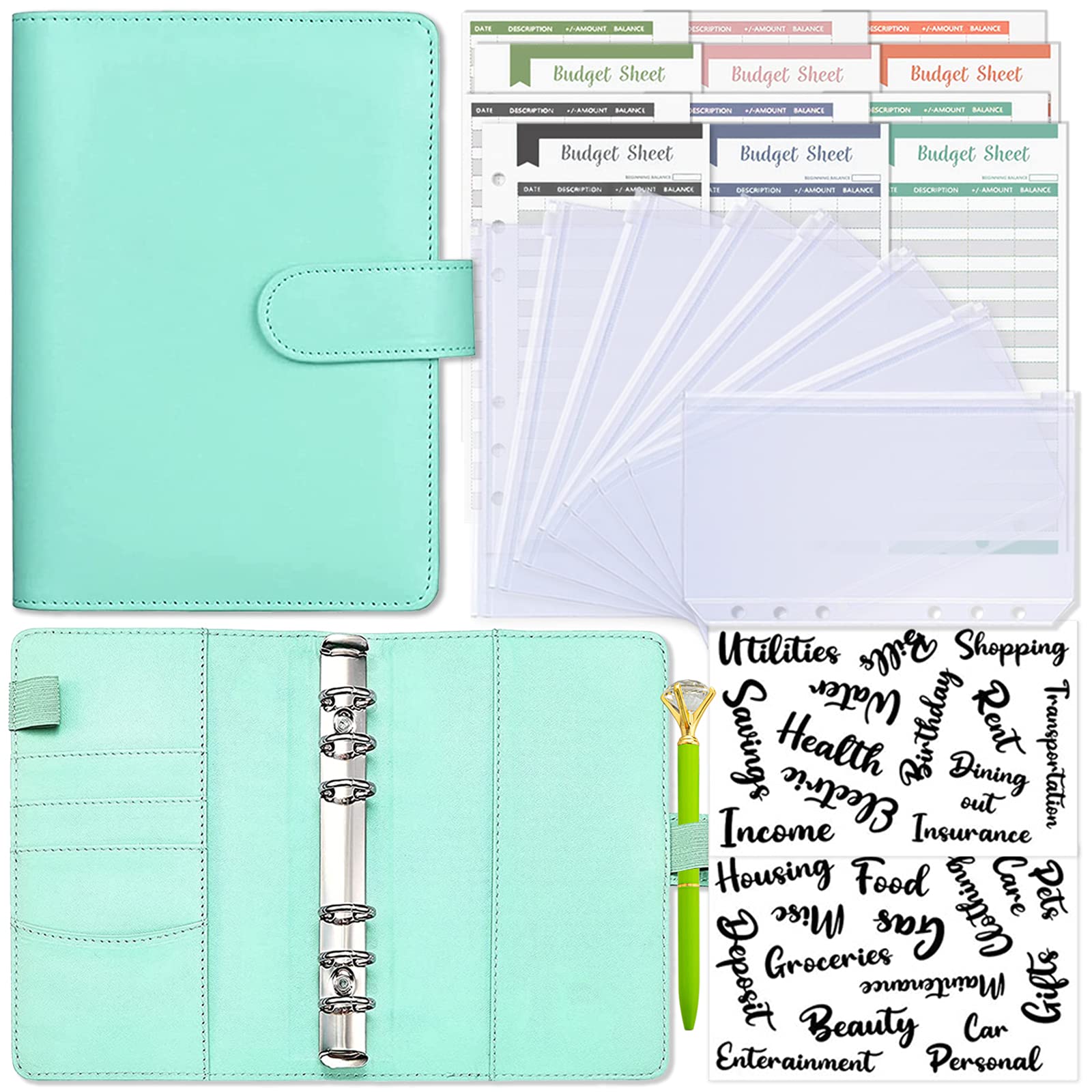 PU Leather 6-Ring Budget Binder Notebook, Reusable Cash Organizer Money Saving Planner, Loose-Leaf Notebook Cover with 8 Cash Envelopes 12 Expense Budget Sheets 2 Sheets Letter Sticker Labels