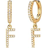 MEVECCO 18K Dainty Gold Filled Pave Cubic Zircon Letter Charm Huggie Hoop Earrings Wear Initials A-Z 26 Letter Charm Earrings Personalized Tiny Dangle Minimalist Initial Jewelry