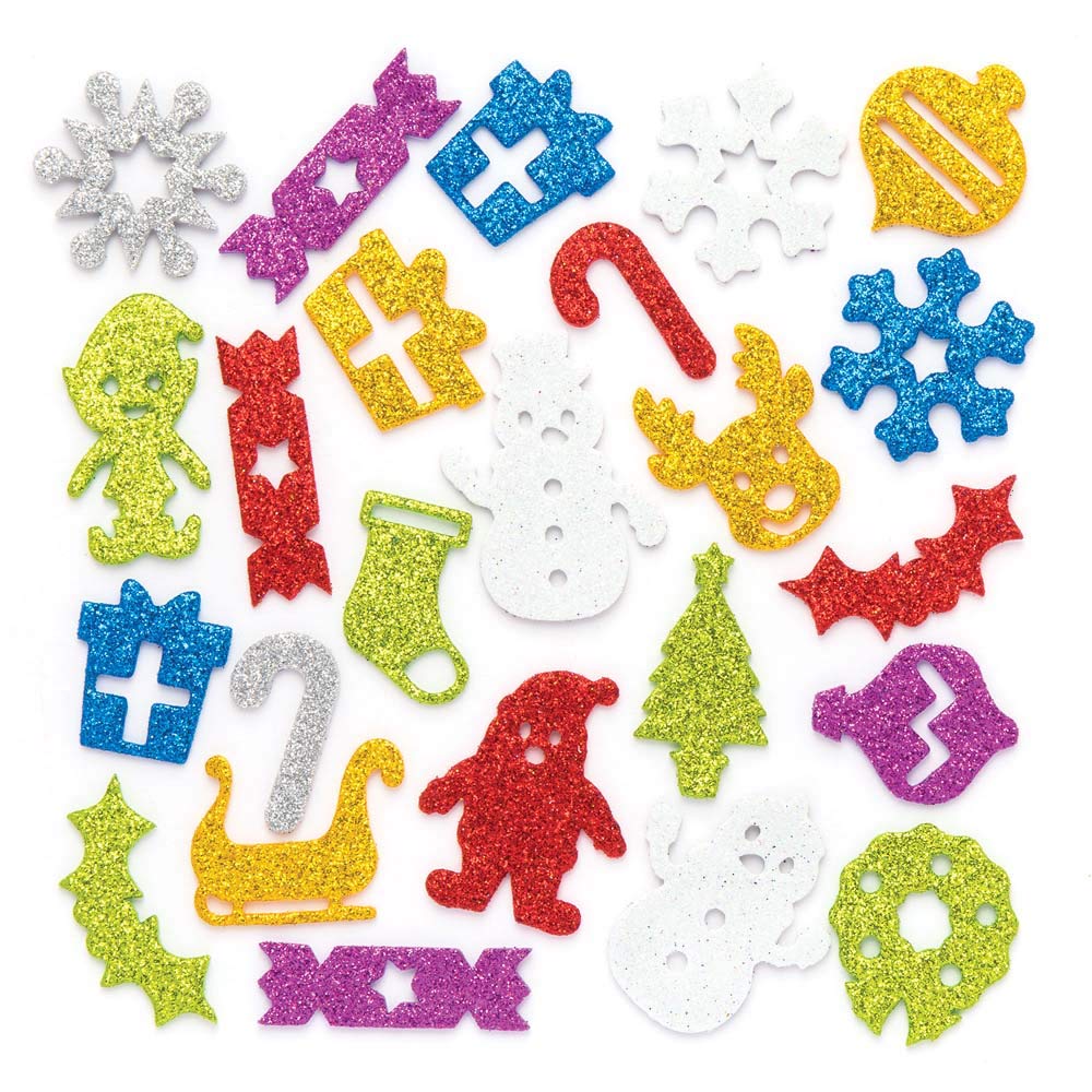 Baker Ross AR764 Christmas Glitter Foam Stickers for Kids' Christmas Crafts and Art Projects, Cards, Party Bags, and Decorations (Pack of 100)