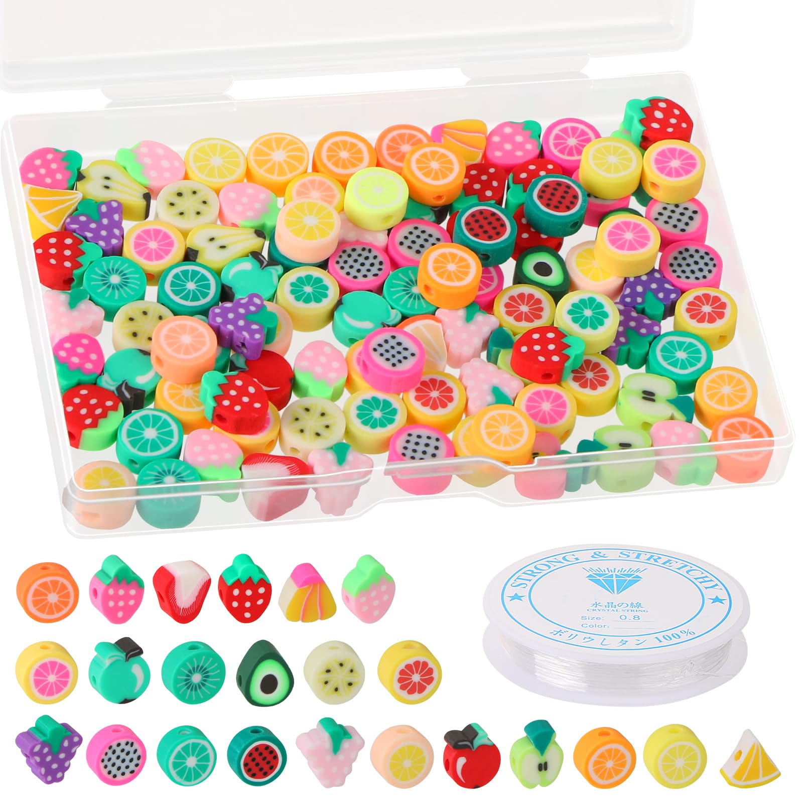 EVERMARKET 100pcs Mixed Fruit Charm Polymer Clay Beads for Boho Bracelets, Necklace, Jewelry Making Accessories and Handmade Supplies