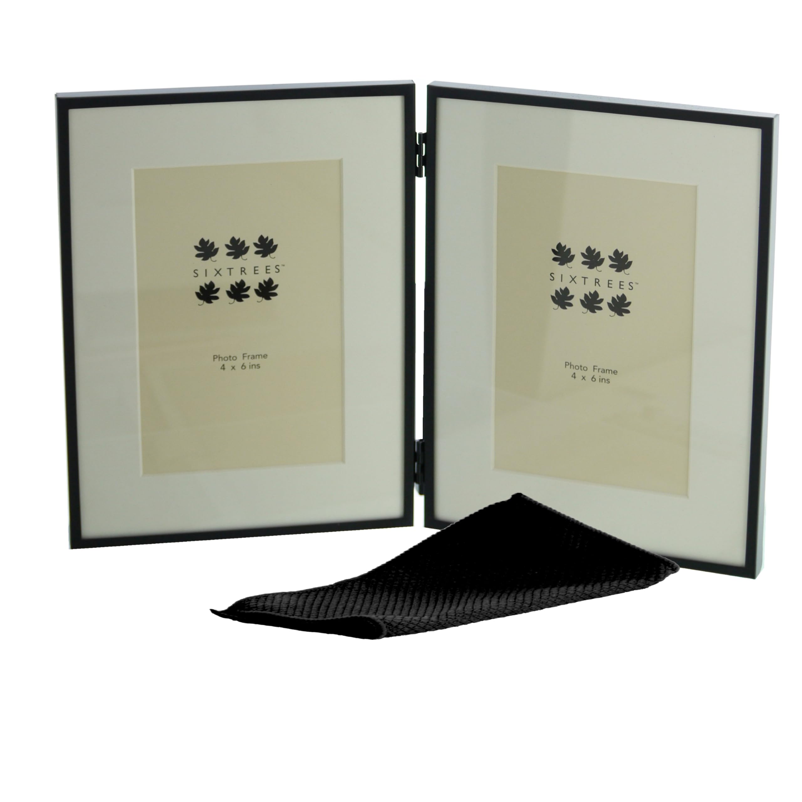 Sixtrees Park Lane 285346D(MIF) Black satin metal folding 4 x 6 inch Photo Frame with Mount - Complete with microfibre polishing cloth.