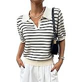 Floerns Women's Striped Print Short Sleeve Collar Neck Knitted Casual Tee Shirt
