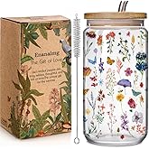 Aesthetic Floral 16oz Glass Cups with Bamboo Lids and Straws Wildflower Gift for Women, Cute Flower Drinking Glass with Cleaning Brushes, Christmas Flower Gifts for Mother Birthday Bridesmaid Party