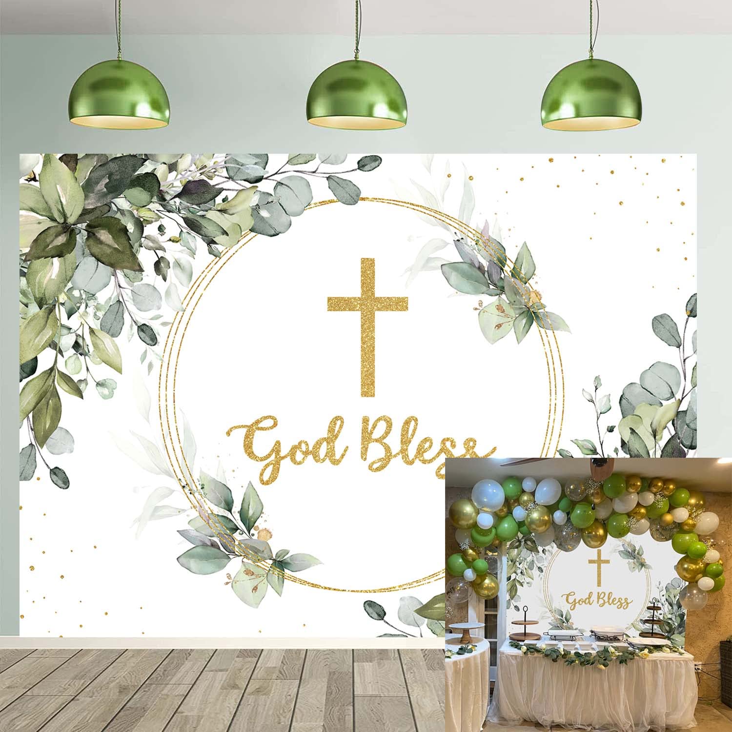Greenery God Bless Backdrop First Holy Communion Baptism Backdrop 7x5ft Green and Gold Eucalyptus Green Leaves Baby Shower Party Decor Background 210x150cm