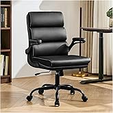 Office Chair Adjustable Desk Chair Mid Back Executive Comfortable Bonded Leather Ergonomic Back Support Home Computer Chair with Padded Flip-up Armrest Swivel Wheels (Black)