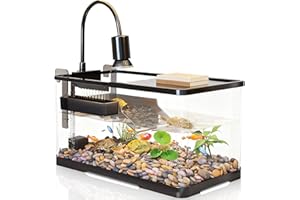 TUHAOKING (Tank + Light +Pump + Filter + Filter Balls) Turtle Tank Kit, Turtle Tank Starter Kit,Bottom Drainage, Multi-Function Areas for Turtles, Crabs,Fishes, Amphibians,Reptiles. (15.75 x 8.64 x8.64 Inch)