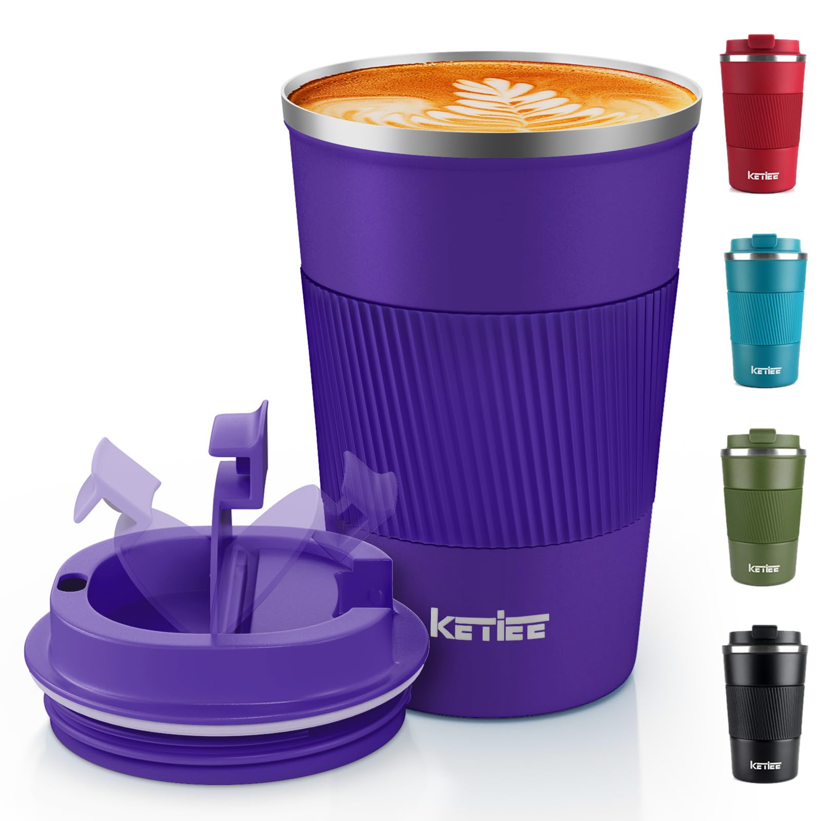 KETIEE Travel Mug Insulated With Leakproof Lid, Reusable Double Walled Coffee Cup, Stainless Steel for Hot Cold Drinks, 380ml Deep Purple
