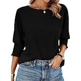 BTFBM Womens Summer Fall Tops Dressy Casual 2026 | Crew Neck, Lightweight Shirts, Smocked Puff Sleeve Blouses, Loose Tunic, Going Out Top, Work Clothes, Vacation Travel Outfits