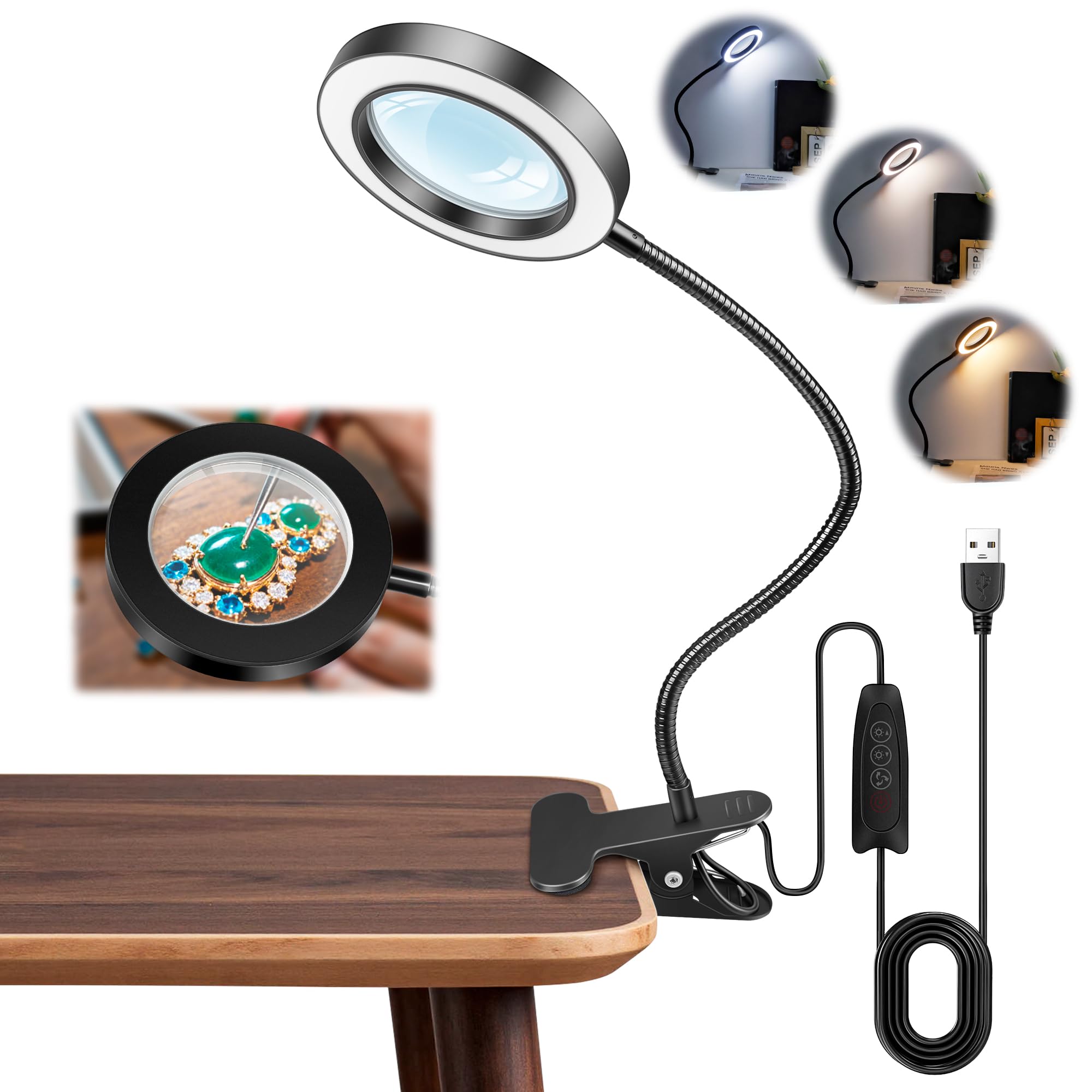 Akynite 10X Magnifying Glass with Light and Clip, 3 Colours 10 Brightness, LED Magnifier Lamp Flexible for Crafts Knitting Sewing Modelling, USB Magnifying Reading Light for Elderly, Black