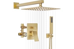 HomGoo Gold Shower System, Shower Faucet Set with 10" Rain Showerhead and Handheld Combo Spray, Bathroom Wall Mounted High Pressure Shower Combo Set Included Valve and Trim, Brushed Gold
