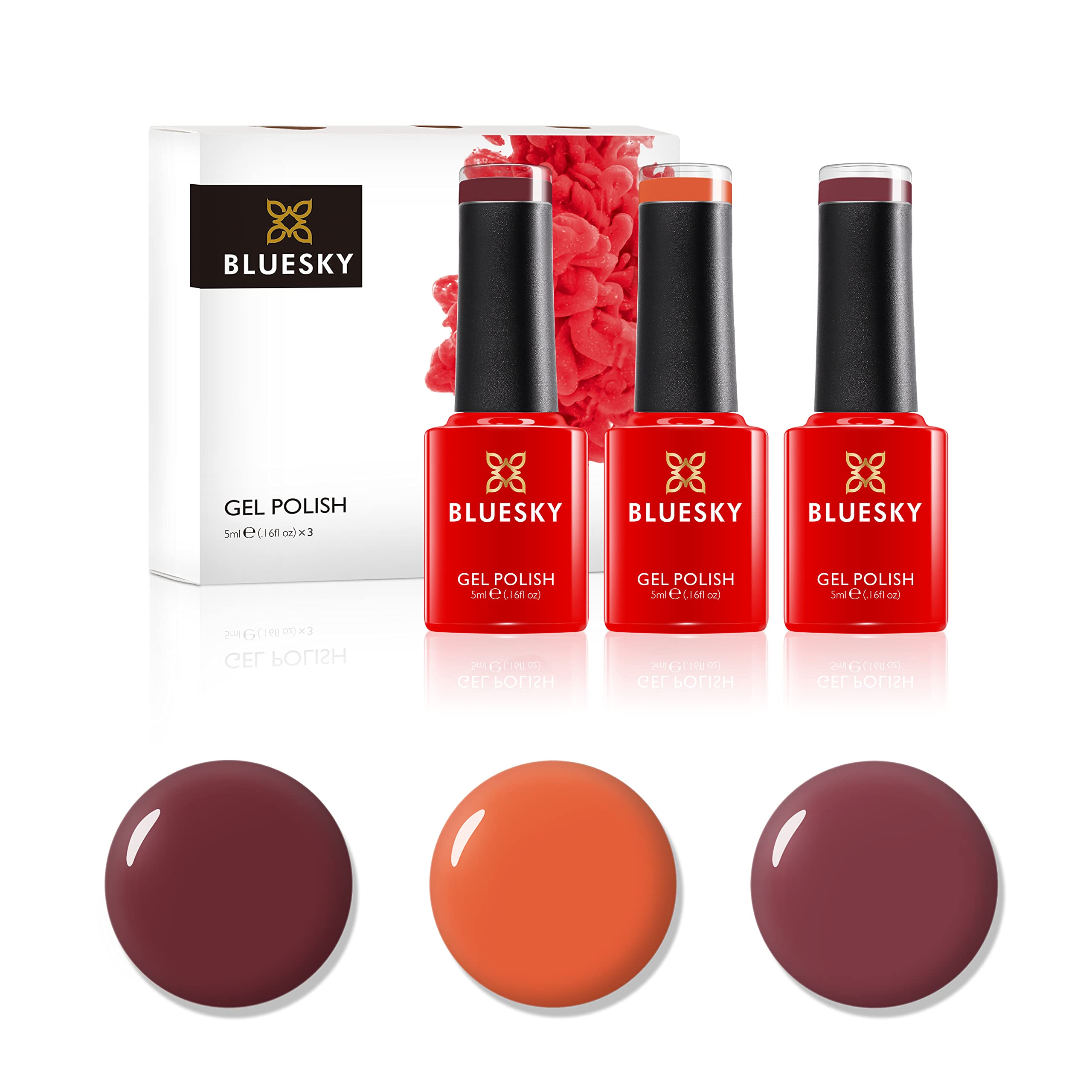 Bluesky Gel Nail Polish Set, Autumn Leaves, Blast From The Past Aw1807, Cinnamon Roll Bp27, Pumpkin Spice Bp01, 3 x 5 ml Dark Pink, Red, Deep Red, Orange (Requires Curing Under LED/UV Nail lamp)