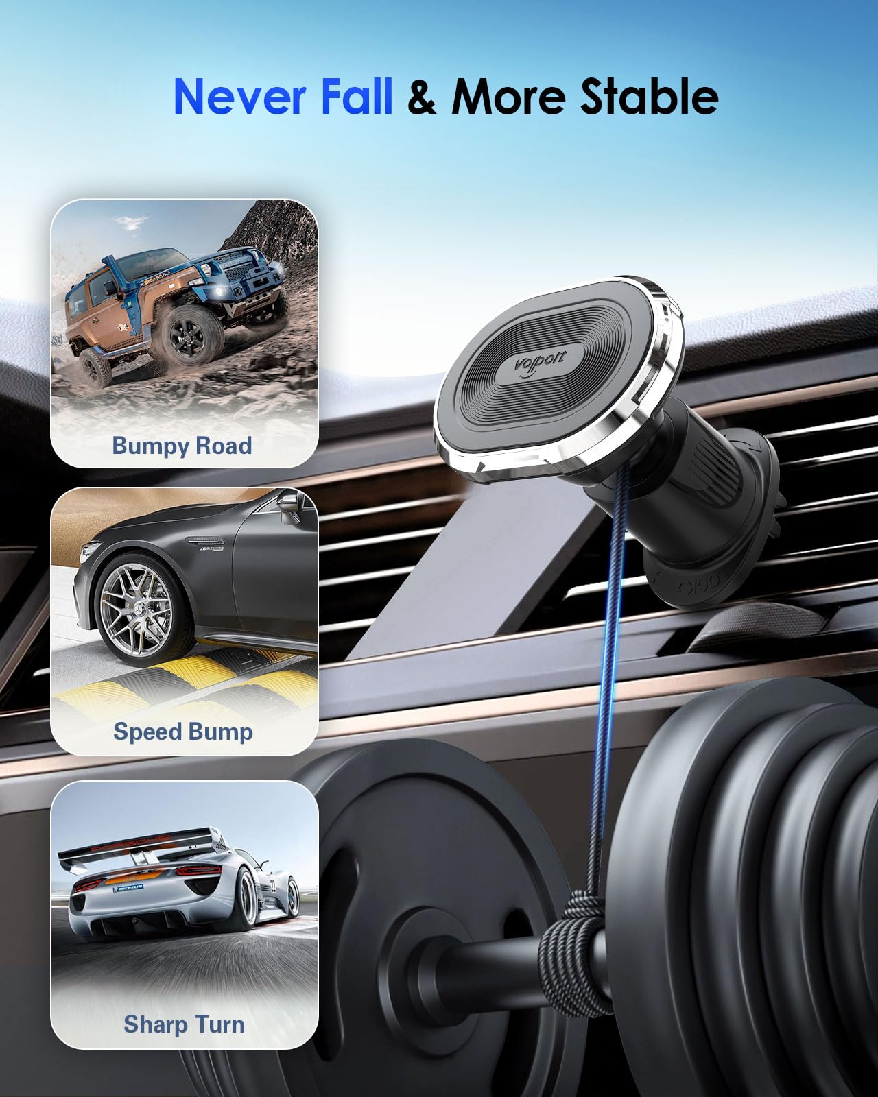 volport Magnetic Phone Mount for Car Vent: [Strong Magnet Clip Hook] Air Vent Holder for iPhone 15/14/13/12 Pro Max Plus Samsung S24 Ultra S24+ All Cell phone & Tablets (Sliver)