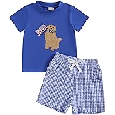 DNOMAID YZARC Toddler Baby Boy Summer Outfits Animal Embroidered Short Sleeve T Shirt Stripe/Plaid Shorts Set Infant Clothes