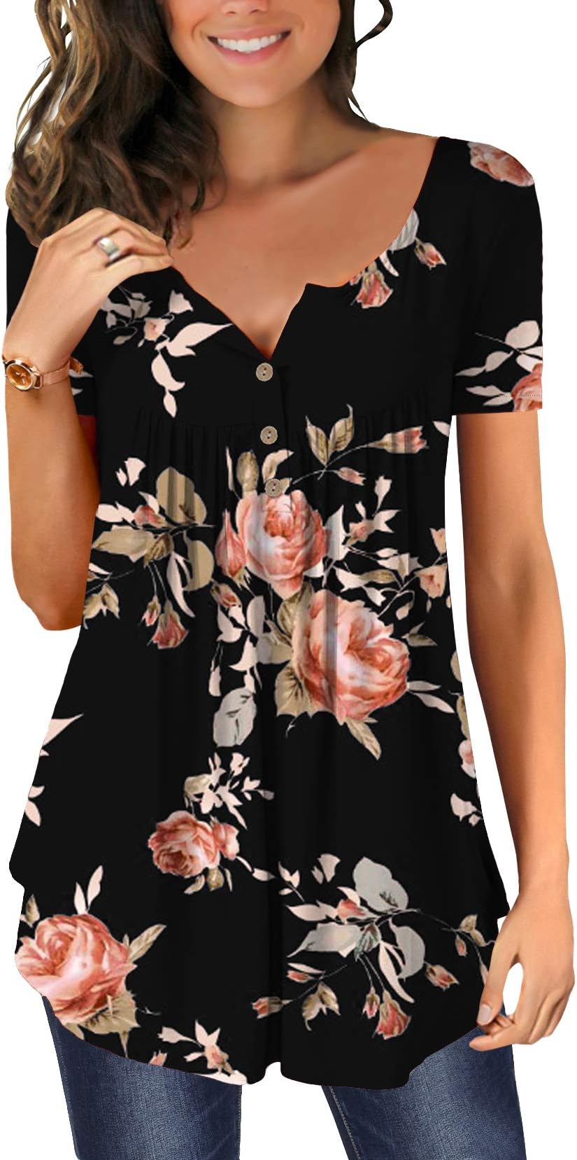 Mystry ZoneWomens Henley V Neck Casual Blouse Button Down T Shirts Flare and Flowy Tops