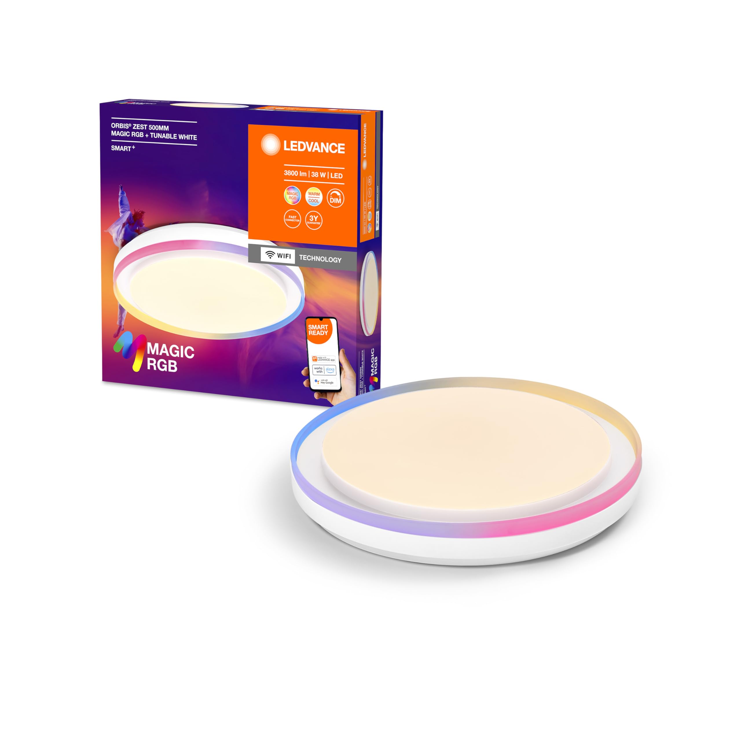 LEDVANCE Smart+ WiFi Led Ceiling Light, White, 32W, 3400Lm, White Light Function, Dimmable, Dynamic Magic RGB Effect, Long Life, Simple Installation, App Controllable, 2700-6500K