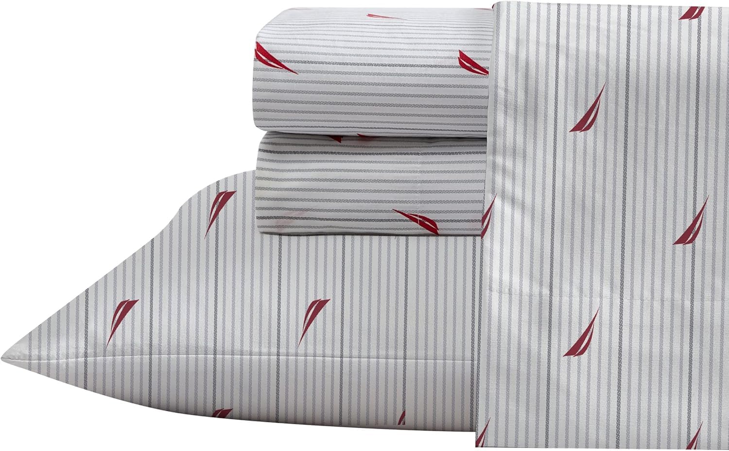 Nautica- Queen Sheet Set, Cotton Percale Bedding Set, Crisp & Cool, Lightweight & Breathable (Audley Stripe Red, Queen)