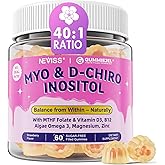 Myo-Inositol & D-Chiro Inositol, Hormone Balance for Women | Sugar Free Inositol Gummies w/Omega 3, MTHF Folate, Vitamin D3, B12, Magnesium & Zinc for Ovarian Health, Ideal 40:1 Ratio, Vegan, 60 Cts