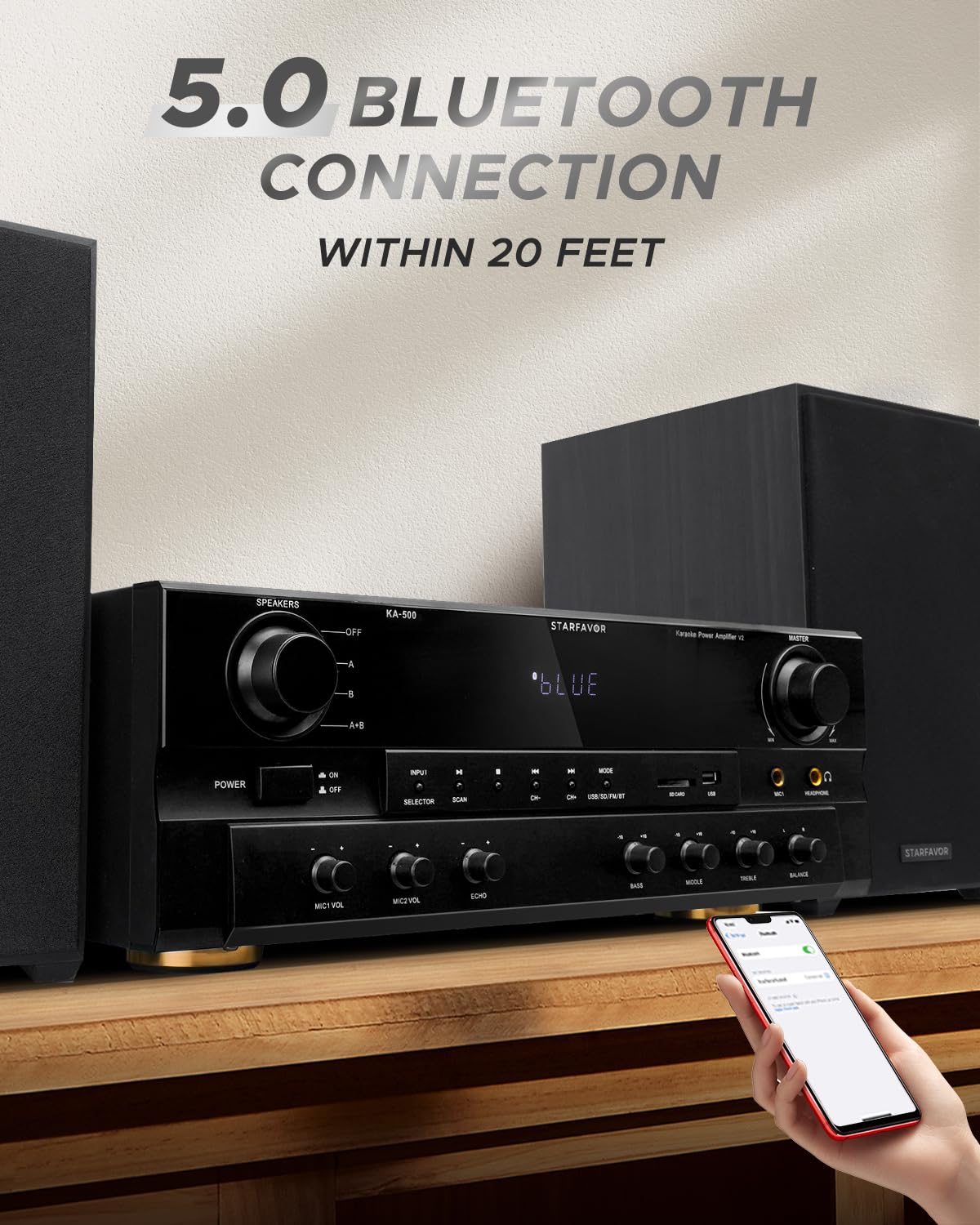 Starfavor Bluetooth Stereo Receiver w Phono Inputs, 2.1 Channel 500W Peak Power Home Audio receivers amplifiers for Speakers w Subout,RCA in,USB,SD,FM,2 MIC in Echo and Headphone Jack KA-500