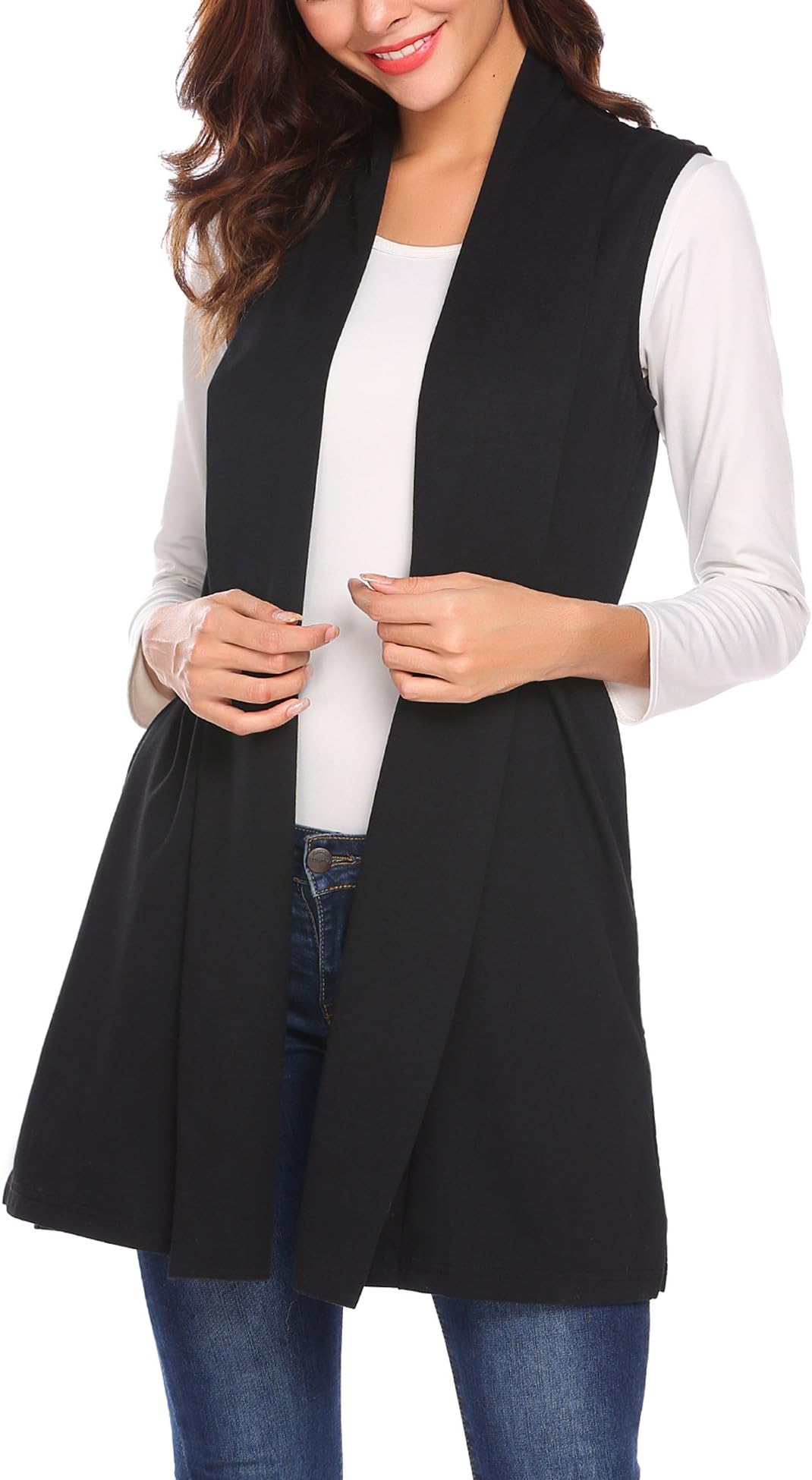 Women Long Cardigan Sleeveless Open Front Cardigan with Pocket S-XXL