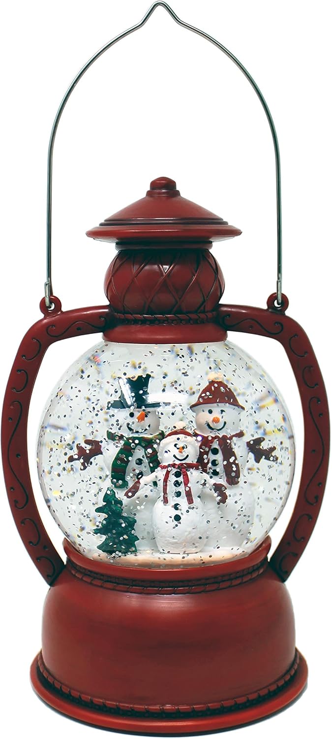 Snow Globes - Christmas Decor Lighted Spinning Lantern Snowglobe with Snowman Family Scene, Red, Battery Operated (not Included) - 7.6