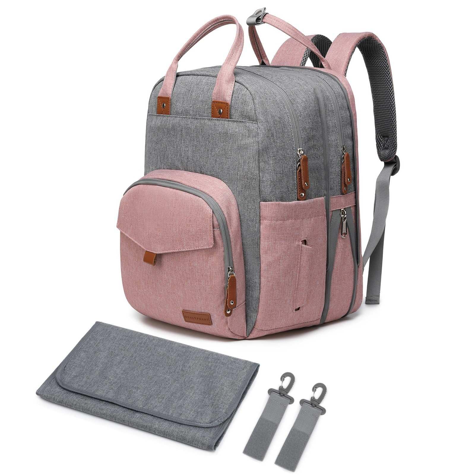 Qualyphant Extra Large Diaper Bag Backpack for Two Kids Twins - Expandable Baby Bag (26-36L), Dual Big Compartments - Includes Changing Pad & Stroller Straps, Unisex Pink Grey Image