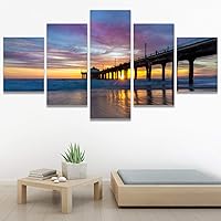 SIGNWIN Framed Canvas Wall Art Colorful Sky and Clouds Over Manhattan Beach Pier at Sunset Coastal Ocean Modern Art Contemporary Panoramic Relax/Calm for Living Room, Bedroom, Office - 60