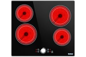 Karinear 24 Inch Electric Cooktop 4 Burners Electric Stove Top, 220-240v Built-in Electric Ceramic Cooktop with Knob Control,9 Power Levels, Black Glass,No Plug