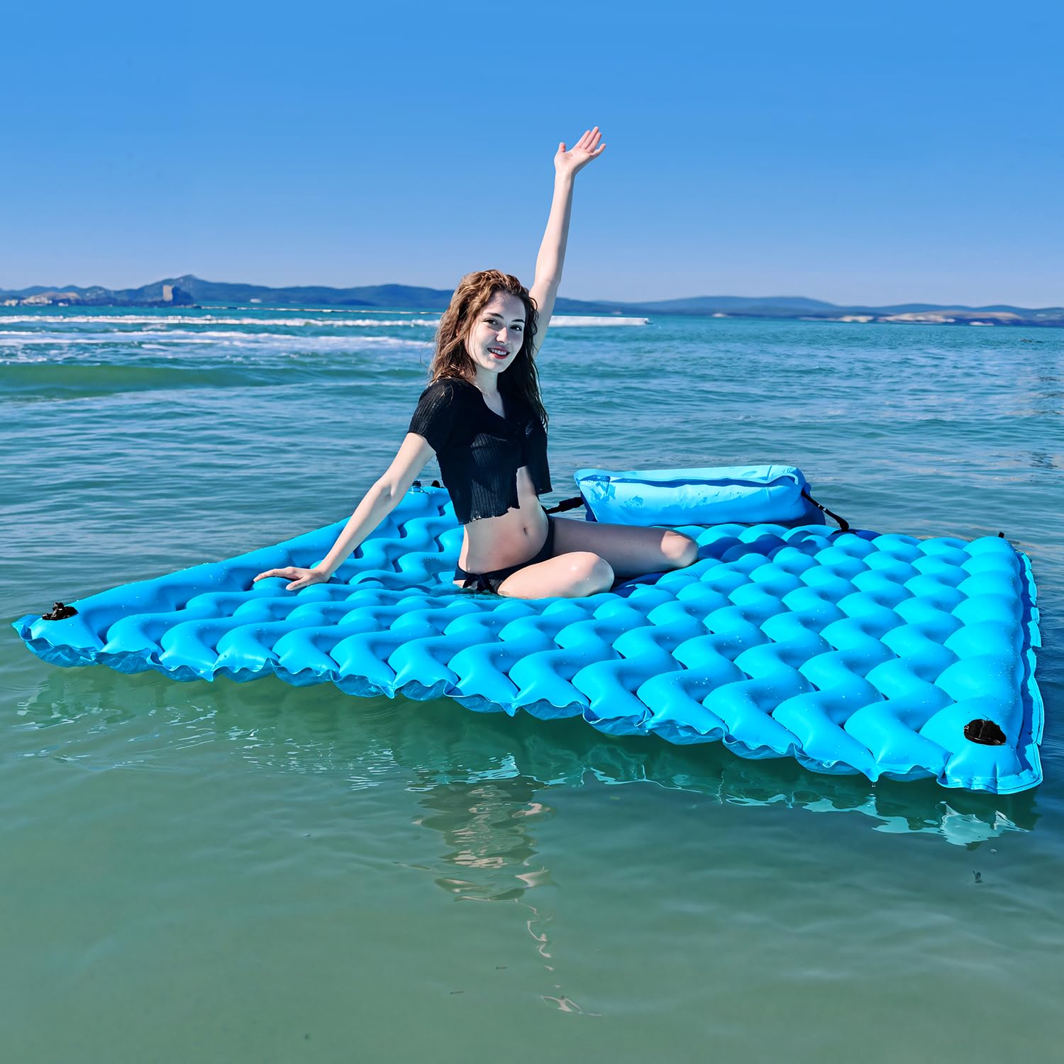 Photo 1 of Sunrio 2025 Upgrade 72''*72'' Giant Inflatable Floating Mat-Pool Float Lake Floats for Adults with Air Pillow Pool Mats for Floating Swimming Pool Beach Lake for Summer Water Party Blue