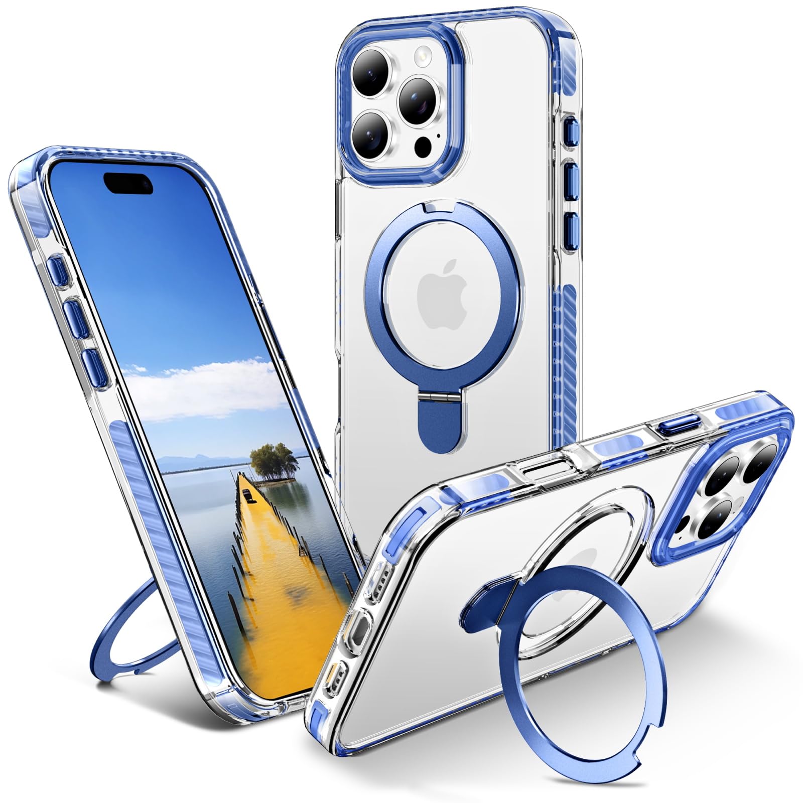 Photo 1 of UMIONE for iPhone 16 Pro Max Clear Magnetic case with Stand and Finger Ring, Compatible with magsafe, Shockproof Transparent Hard Plate, Full Body case, Universal for Boys and Girls 6.7 - Blue
