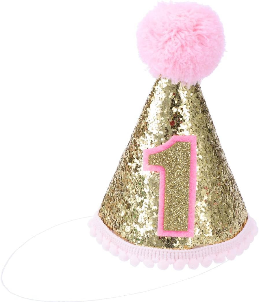 TOYMYTOY Glitter Sparkle Princess 1st Birthday Cone Hat with Adjustable Headband for Baby Girl Party Supplies (Pink)
