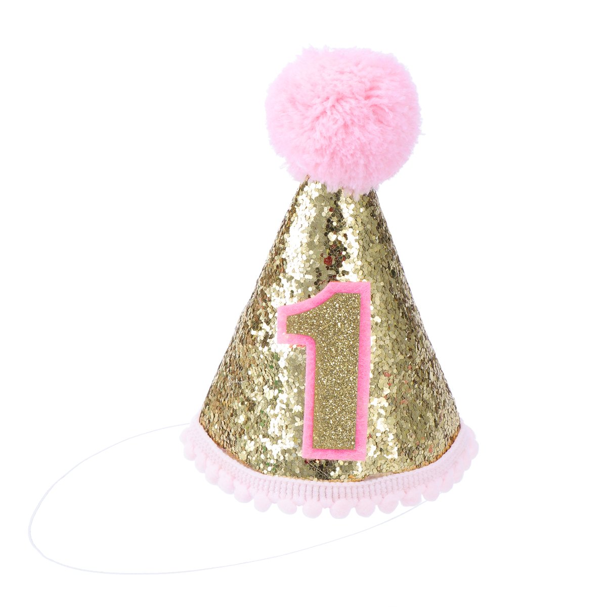 TOYMYTOY Glitter Sparkle Princess 1st Birthday Cone Hat with Adjustable Headband for Baby Girl Party Supplies (Pink)