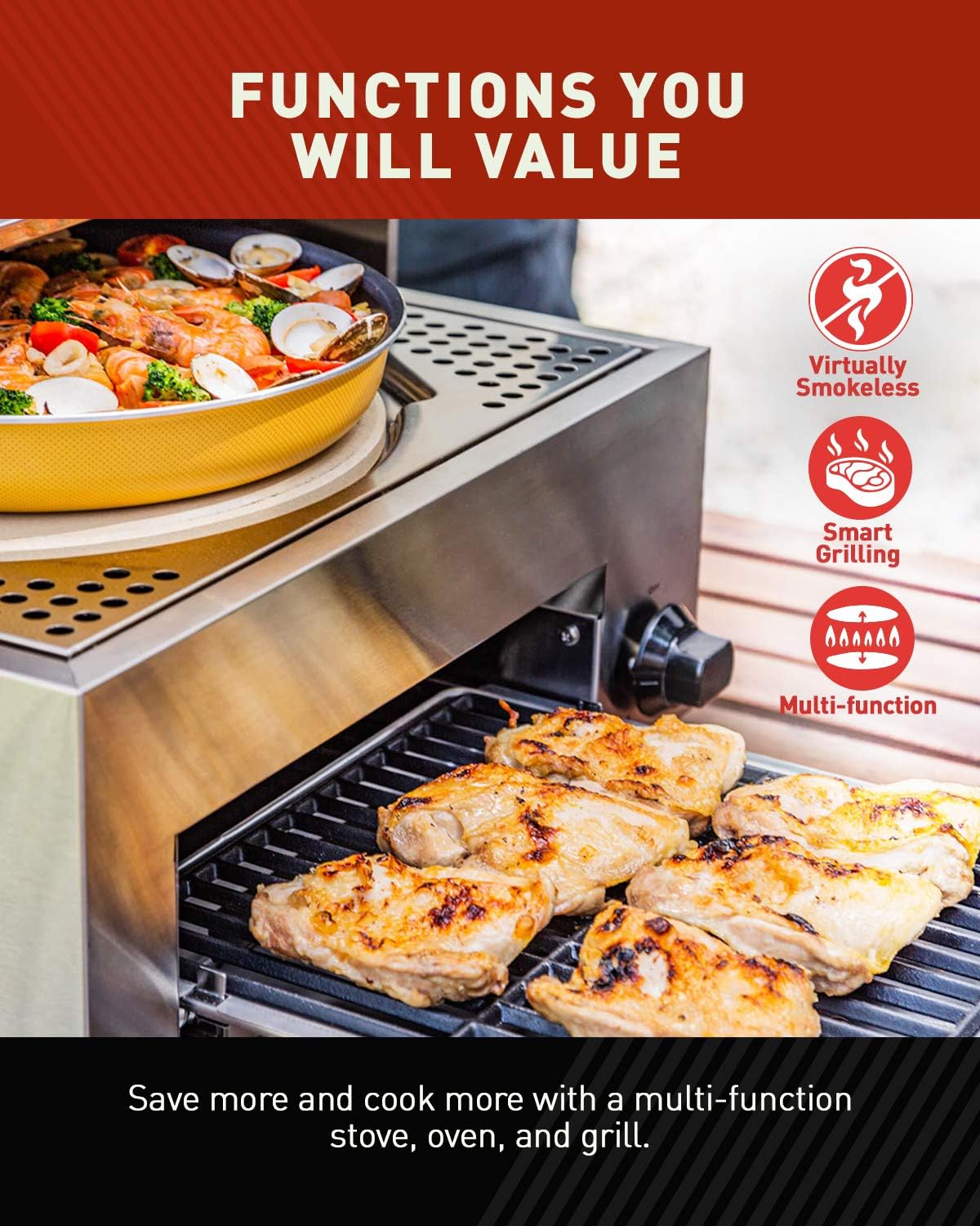 review Capt’n Cook Ovenplus Salamander Grill - All in One Portable Gas Grill, Oven, and Stove with Pizza Stone, Cutter, and Peel, Stainless Steel Double Cooking Design Saves Time, Effort, Clean-Up and Money