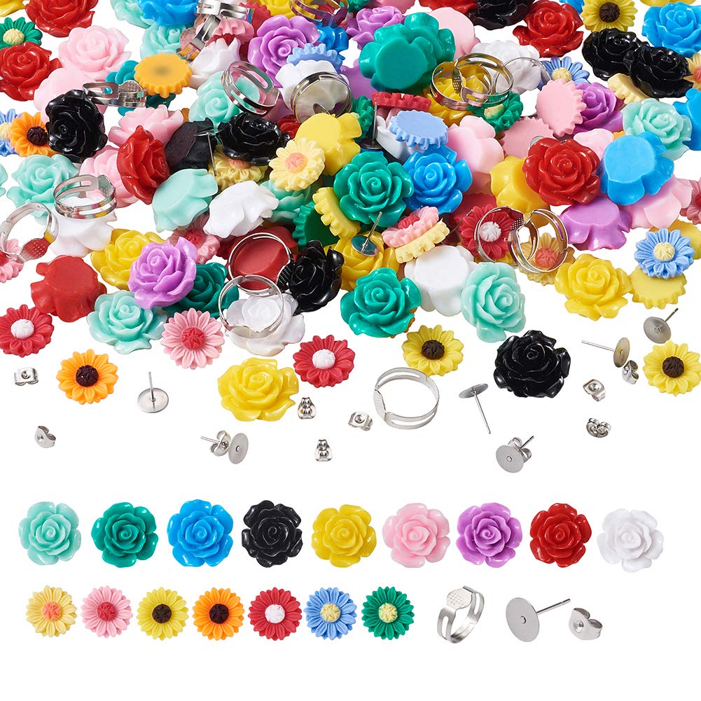 PandaHall 196pcs Resin Flower Flat Back Cabochons 15~20mm Daisy Flower Cabochons Mixed Color with 50pcs Rings & 30pcs Stud Earrings & 30pcs Ear Nuts for Scrapbook DIY Craft