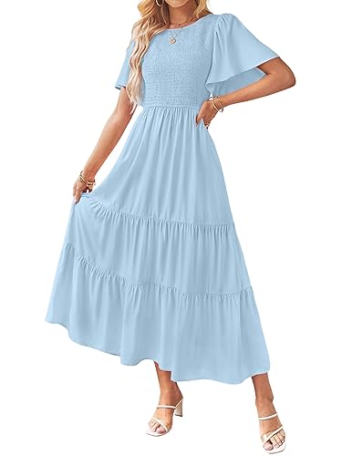 sachin and babi light blue dress ZESICA Women's Summer Casual Flutter Short Sleeve Crew Neck Solid Color  Smocked Tiered A Line Flowy Beach Midi Dress,Blue,X-Large in Saudi Arabia