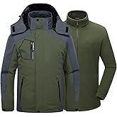 Kugnala Mens Winter Skiing Jacket 3 in 1 Waterproof Warm Snow Fleece Lining Coat Hooded Windproof Jacket S-6XL