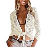 Nulibenna Womens Sheer Shrug Sweaters 3/4 Sleeve Open Front Tie Cardigan Bolero Jacket Lightweight Crochet Knit Cover Up Tops