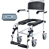 VEVOR Shower Commode Wheelchair 350 LBS Capacity Bedside Commode Chair | with 4 Lockable Wheels, Footrests, Flip-up Arms, 3-Level Adjustable Height, 5L Removable Bucket, for Elderly and Disabled