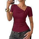 ZESICA Womens Summer Asymmetrical T Shirts Ruched Fitted Short Sleeve Y2K Going Out Tops 2026 Spring Fashion Vacation Outfits