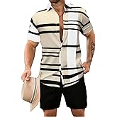 WDIRARA Men's 2 Piece Outfits Button Down Short Sleeve Collared Shirt and Shorts Set