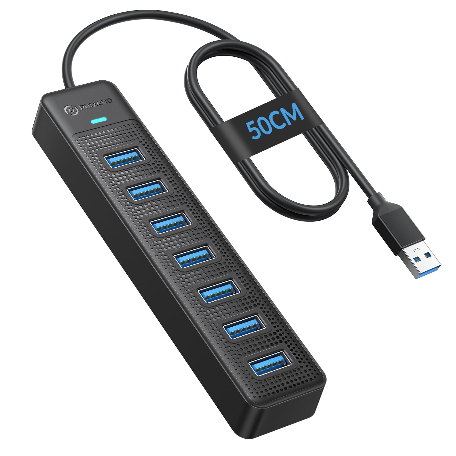 PHIXERO 7 Port USB Hub 3.2 With 1.6FT/50CM Long Cable, Multiport Adapter for Laptop Compatible With All USB 3.2/2.0/1.1 Port Devices
