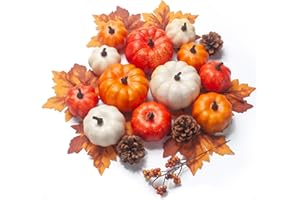 GHGMAO Pumpkin Decor Set, 22 PCS Fall Harvest Decorations - Orange Artificial Pumpkins, Pine Cones, Berries, Maple Leaves for Thanksgiving Farmhouse Fall Wedding Home Table Centerpiece Decor
