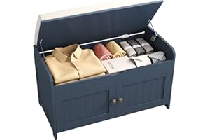 HOMEFORT Modern Blue Wood Shoe Storage Bench with Lift Top, 2-Seater, 30"W x 14.9"D x 18.1"H, Simple Wood Legs