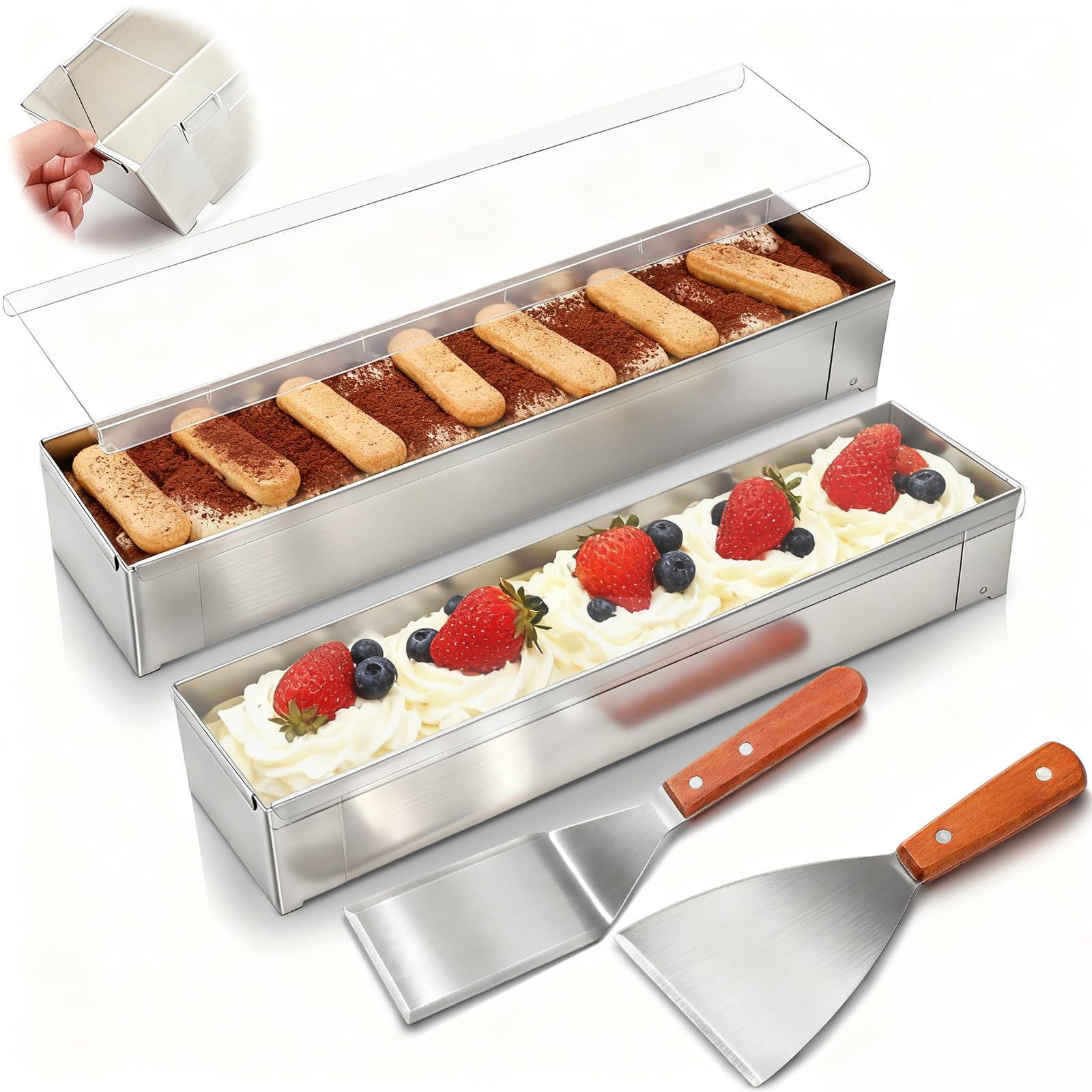 Photo 1 of Blushtier 2 Pack Nonstick Rectangle Tiramisu Cake Pan with Acrylic Lid and 2 Metal Spatula Removable Frame 304 Stainless Steel Cake Baking Molds for Tiramisu Cheesecake Mousse